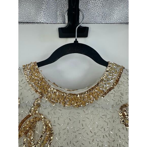 Vintage Cachet Bari Protas Womens 14 Silk Long sleeve Fully Beaded Dress Ivory - Picture 8 of 16